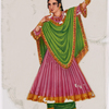 Dancing girl in green skirt and pink scarf, left arm raised