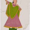 Dancing girl in green skirt and pink scarf, left arm raised