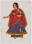 Dancing girl in purple skirt and red scarf, right arm extended