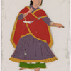 Dancing girl in purple skirt and red scarf, right arm extended