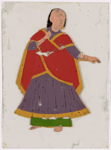 Dancing girl in purple skirt and red scarf, right arm extended