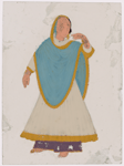 Dancing girl in white skirt and blue scarf, right arm raised