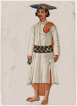 Servant in white shirt, red dhoti, striped belt, and blue hat