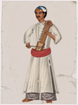 Musician with stringed instrument in white shirt with red belt