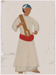 Musician with stringed instrument in white shirt with red belt