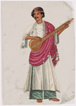 Musician with stringed instrument in white shirt and red scarf