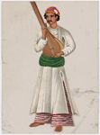 Musician with stringed instrument in white shirt and green belt