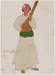 Musician with stringed instrument in white shirt and green belt