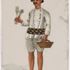 Servant carrying a basket and cutlery, in striped belt and hat