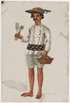 Servant carrying a basket and cutlery, in striped belt and hat