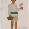 Servant carrying a basket and cutlery, in striped belt and hat