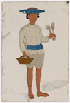 Servant carrying a basket and cutlery, in striped belt and hat