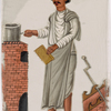 Male servant/cook holding pot in front of stove