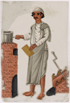 Male servant/cook holding pot in front of stove