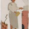 Male servant/cook holding pot in front of stove