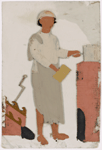 Male servant/cook holding pot in front of stove