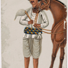 Servant with brown horse in striped belt and hat