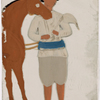 Servant with brown horse in striped belt and hat