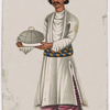 Servant with covered serving dish in striped belt and hat