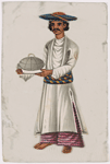 Servant with covered serving dish in striped belt and hat