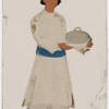 Servant with covered serving dish in striped belt and hat