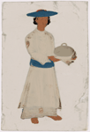 Servant with covered serving dish in striped belt and hat