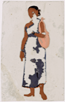 Woman in blue sari with orange sack on shoulder