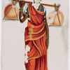 Woman in red sari with two orange bundles on stick over shoulder