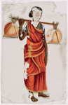 Woman in red sari with two orange bundles on stick over shoulder