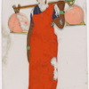 Woman in red sari with two orange bundles on stick over shoulder