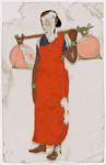 Woman in red sari with two orange bundles on stick over shoulder