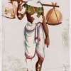 Man in white dhoti with two orange bundles on stick over shoulder