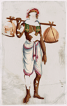 Man in white dhoti with two orange bundles on stick over shoulder