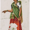 Woman in red and green sari, pointing with right hand