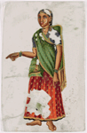 Woman in red and green sari, pointing with right hand