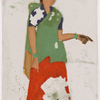 Woman in red and green sari, pointing with right hand