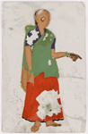 Woman in red and green sari, pointing with right hand