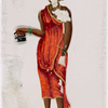 Woman in red sari holding iron in right hand