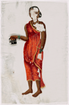 Woman in red sari holding iron in right hand