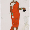 Woman in red sari holding iron in right hand