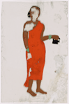 Woman in red sari holding iron in right hand