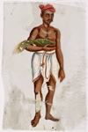 Man in white dhoti and red hat, carrying flat basket of greens in arm