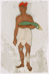 Man in white dhoti and red hat, carrying flat basket of greens in arm