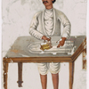 Man in white ironing behind table