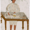 Man in white ironing behind table