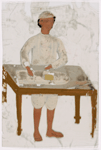 Man in white ironing behind table