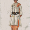 Male servant in white clothes with striped belt, blue hat, and orange dhoti