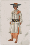 Male servant in white clothes with striped belt, blue hat, and orange dhoti
