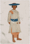 Male servant in white clothes with striped belt, blue hat, and orange dhoti