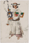 Male servant in white with purple hookah and rug under arm